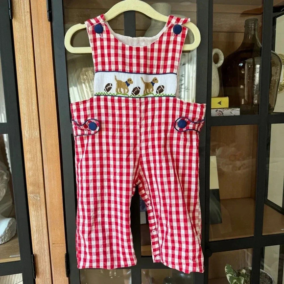 Football smocked jon jon romper baby boy toddler gingham puppy lab embroidered - Picture 1 of 5